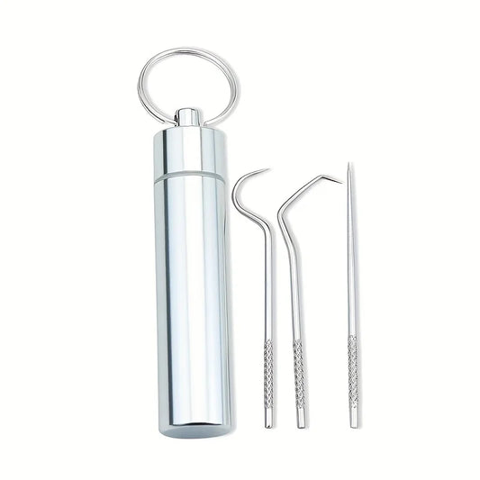 3/4/7Pcs Set Stainless Steel Toothpicks Set - Durable & Sanitary Reusable Metal Floss Picks -Tooth Cleaning Kit with Keychain