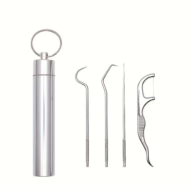 3/4/7Pcs Set Stainless Steel Toothpicks Set - Durable & Sanitary Reusable Metal Floss Picks -Tooth Cleaning Kit with Keychain