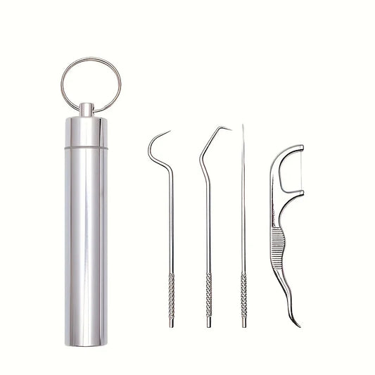 3/4/7Pcs Set Stainless Steel Toothpicks Set - Durable & Sanitary Reusable Metal Floss Picks -Tooth Cleaning Kit with Keychain