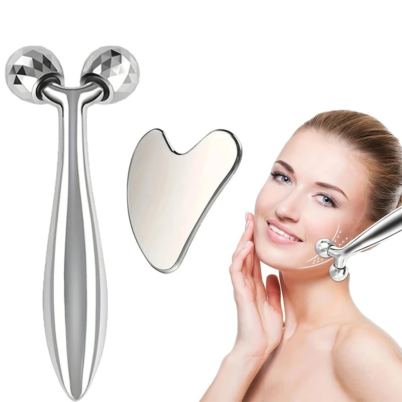 Facial Care Set, Including a Stainless Steel Facial Gua Sha Tool with 3D Roller Massage Function and an Eye Massager
