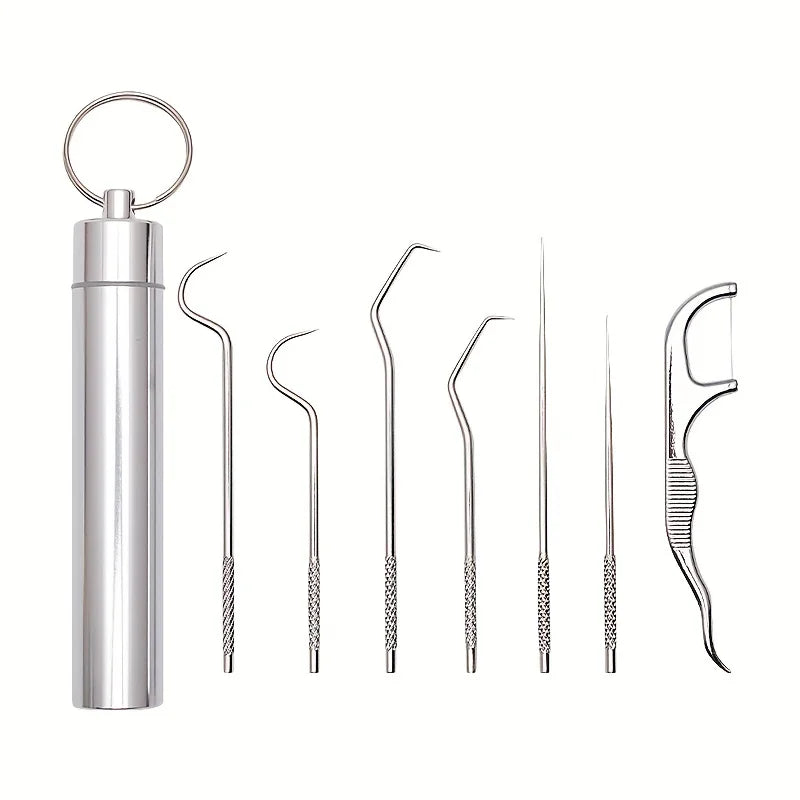 3/4/7Pcs Set Stainless Steel Toothpicks Set - Durable & Sanitary Reusable Metal Floss Picks -Tooth Cleaning Kit with Keychain