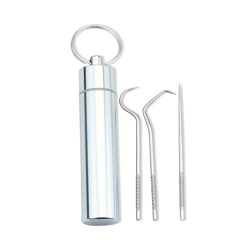 3/4/7Pcs Set Stainless Steel Toothpicks Set - Durable & Sanitary Reusable Metal Floss Picks -Tooth Cleaning Kit with Keychain